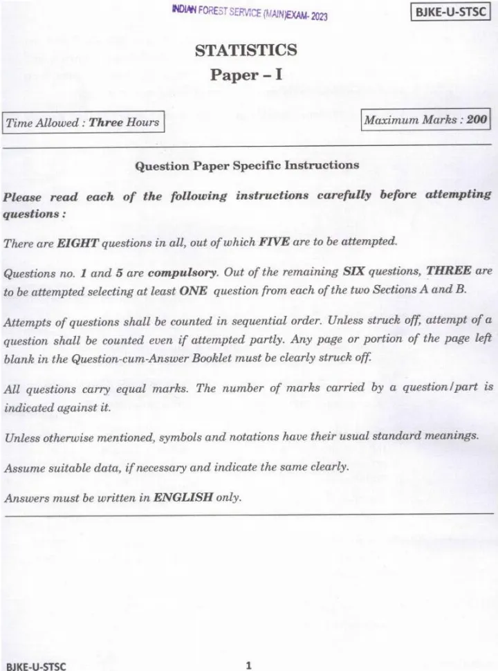 Indian Forest Service Main 2023 Statistics Paper 1 page 1 instructions scan PDF download UPSC IFS exam paper