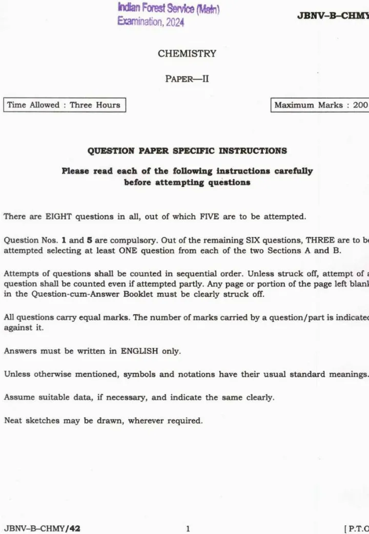 Indian Forest Service (Main) Examination 2024 Chemistry Paper II question paper page 1 instructions scan PDF download UPSC