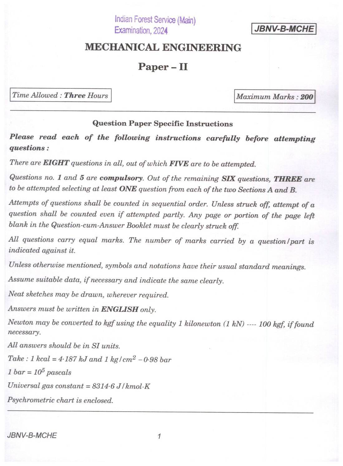 Indian Forest Service (Main) Examination 2024 Mechanical Engineering Paper II question paper page 1 instructions scan PDF download