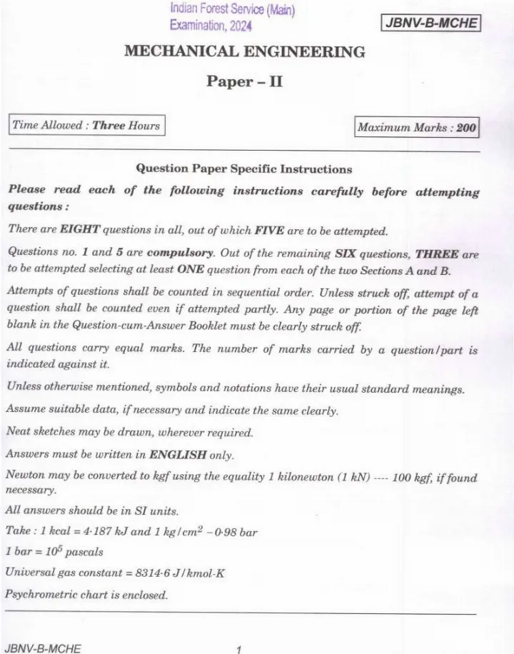 Indian Forest Service (Main) Examination 2024 Mechanical Engineering Paper II question paper page 1 instructions scan PDF download