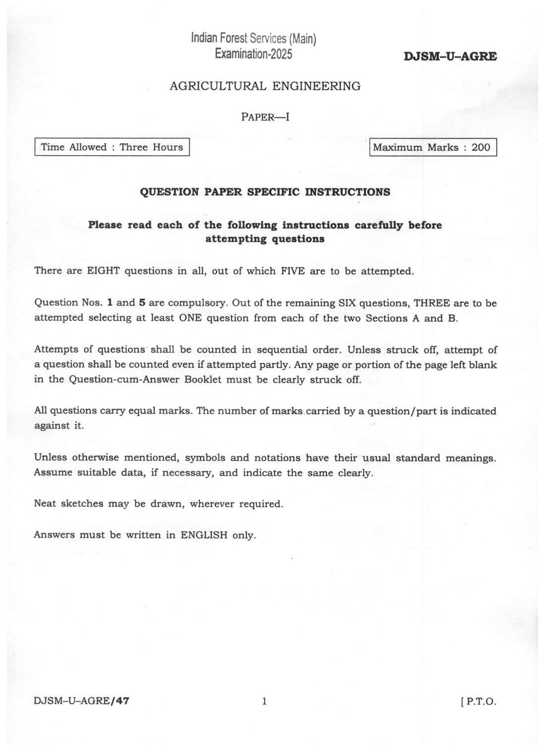 Indian Forest Service (Main) Examination 2025 Agricultural Engineering Paper I question paper page 1 instructions scan PDF download