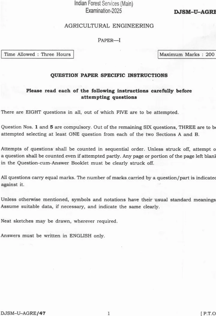 Indian Forest Service (Main) Examination 2025 Agricultural Engineering Paper I question paper page 1 instructions scan PDF download