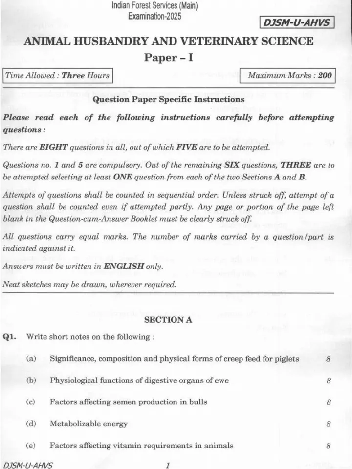 Indian Forest Service Main 2025 Animal Husbandry and Veterinary Science Paper I question paper page 1 instructions scan PDF download