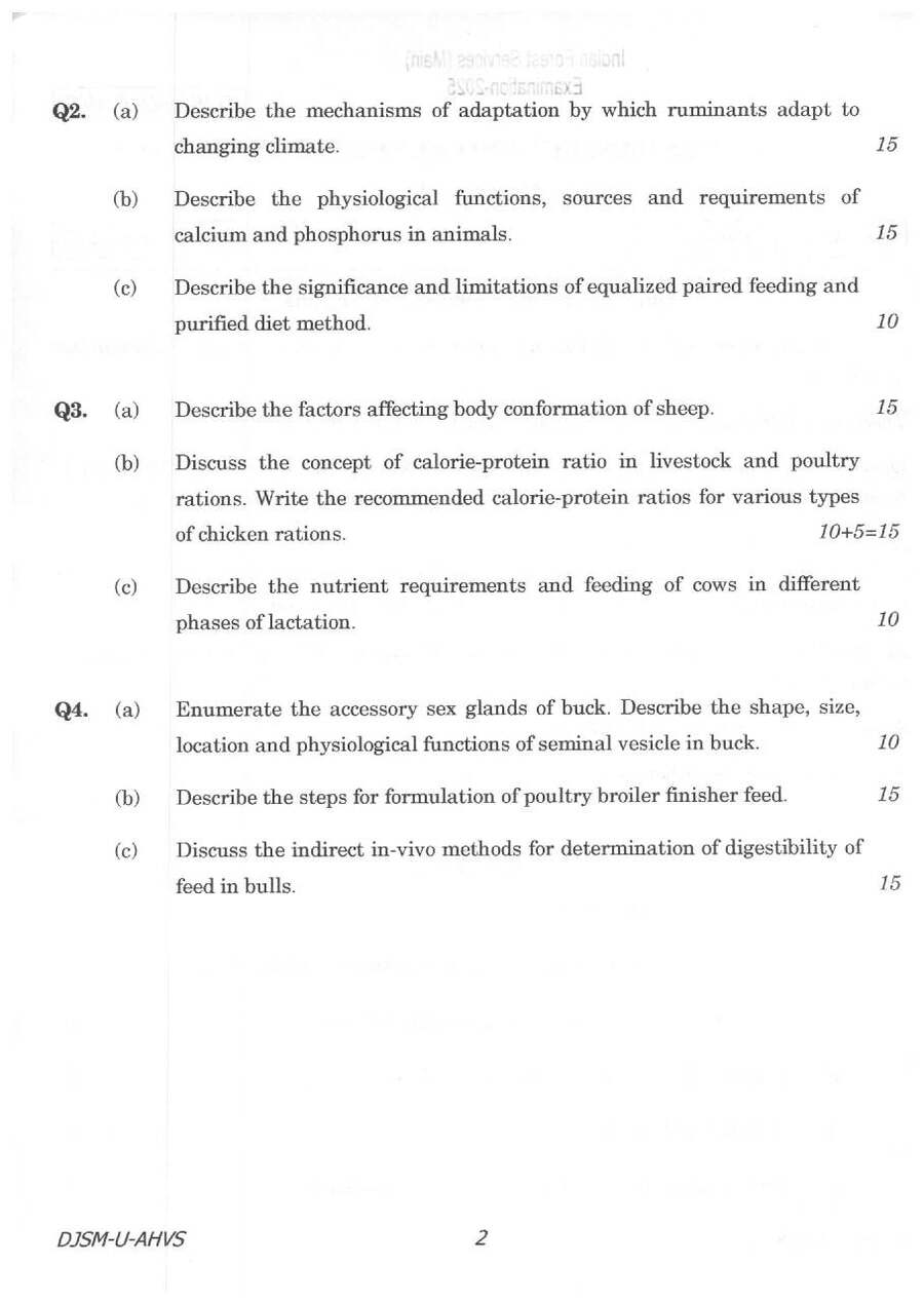 Indian Forest Service Main 2025 Animal Husbandry and Veterinary Science Paper I question paper page 1 instructions scan PDF download