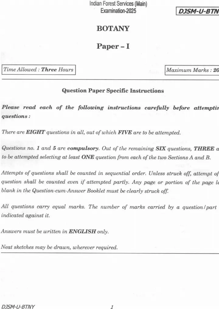 Indian Forest Service (Main) 2025 Botany Paper I question paper page 1 instructions scan PDF download