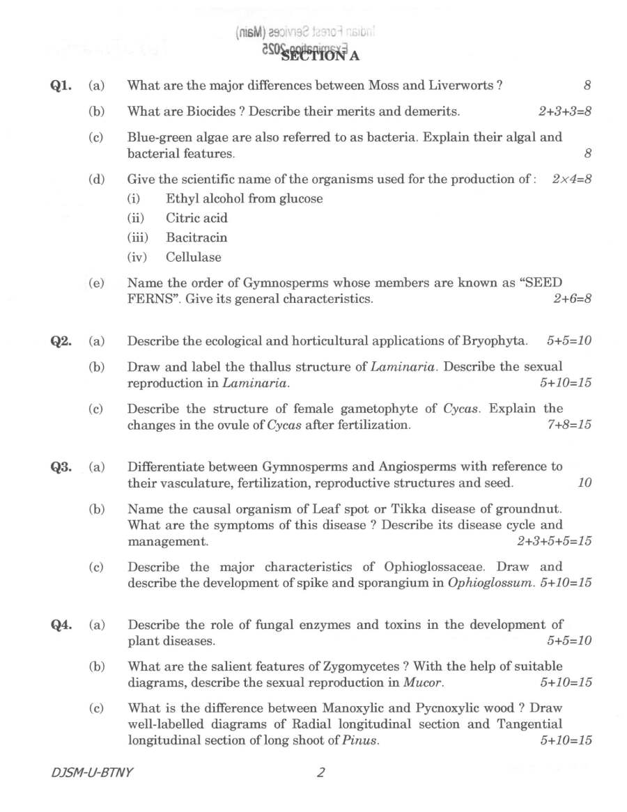 Indian Forest Service (Main) 2025 Botany Paper I question paper page 1 instructions scan PDF download