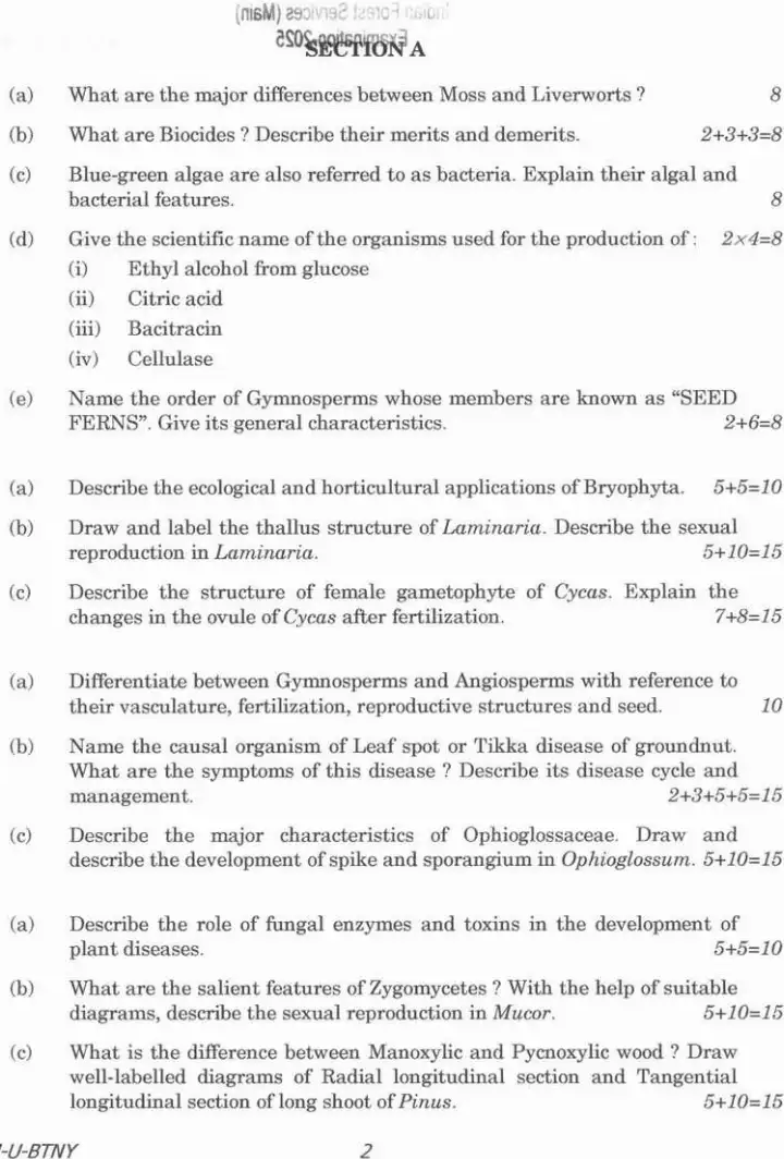 Indian Forest Service (Main) 2025 Botany Paper I question paper page 1 instructions scan PDF download