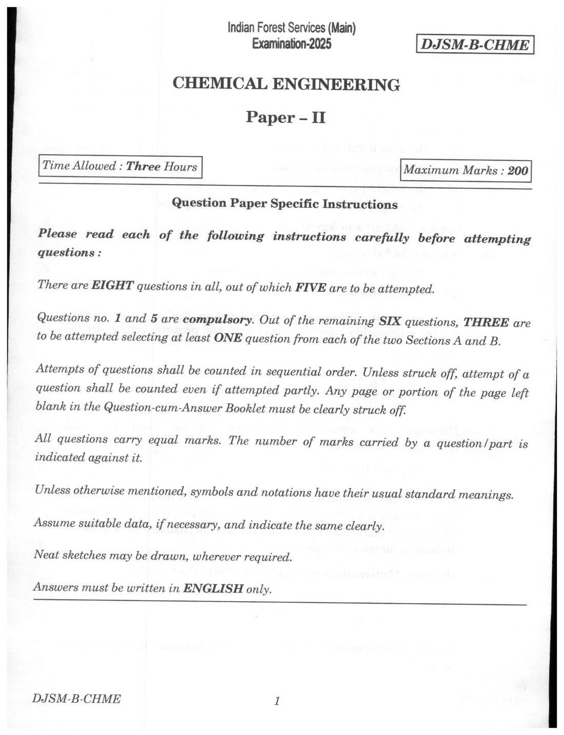Indian Forest Service (Main) 2025 Chemical Engineering Paper II question paper page 1 instructions scan PDF download