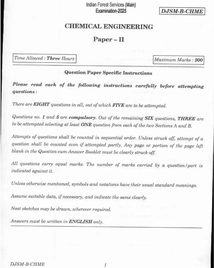 Indian Forest Service (Main) 2025 Chemical Engineering Paper II question paper page 1 instructions scan PDF download