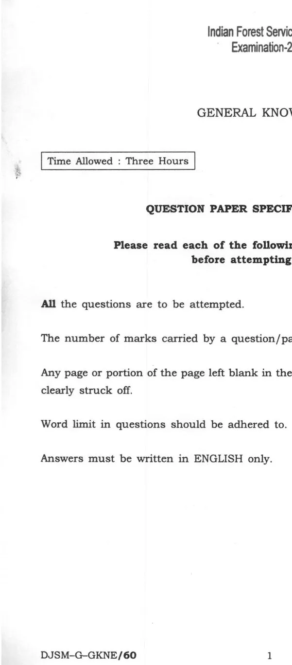 Indian Forest Service Main 2025 General Knowledge question paper page 1 instructions scan PDF download UPSC IFS exam