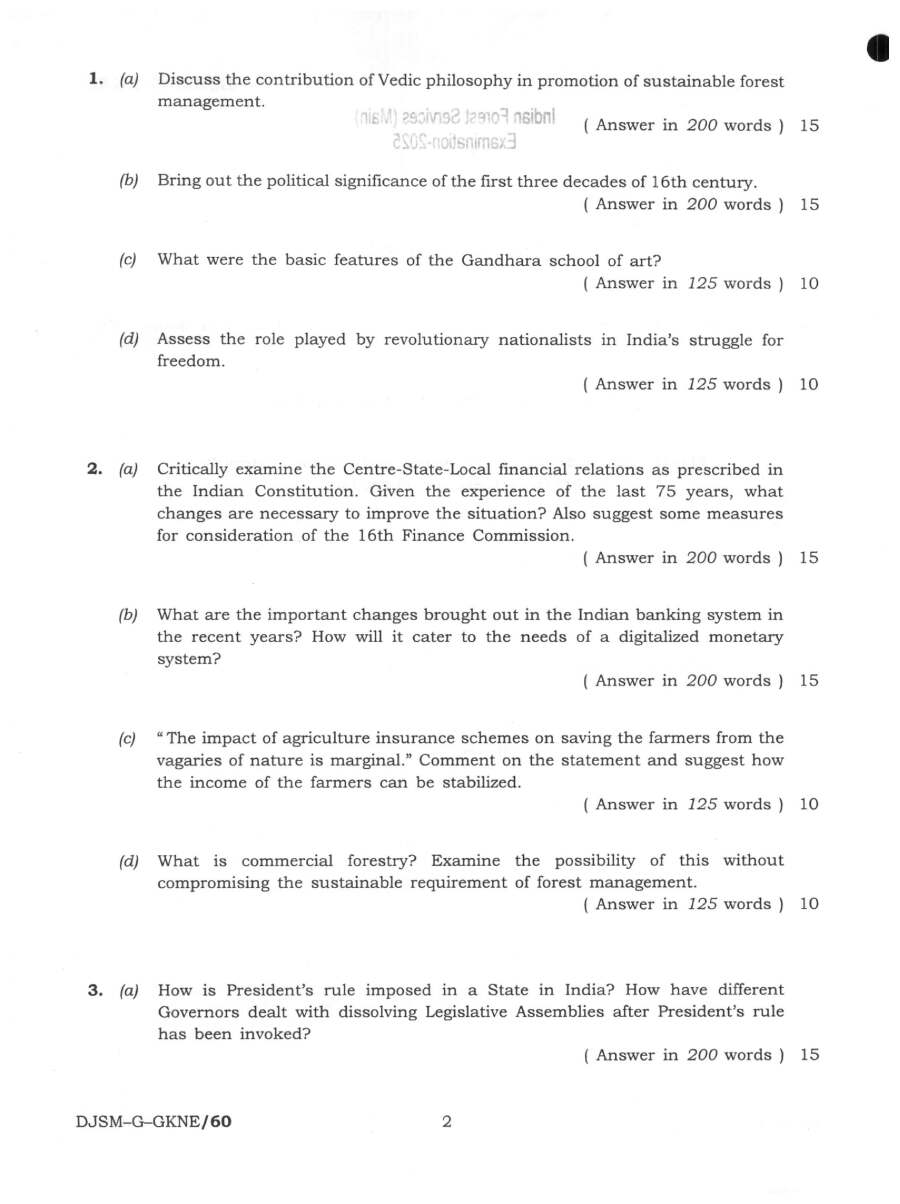 Indian Forest Service Main 2025 General Knowledge question paper page 1 instructions scan PDF download UPSC IFS exam