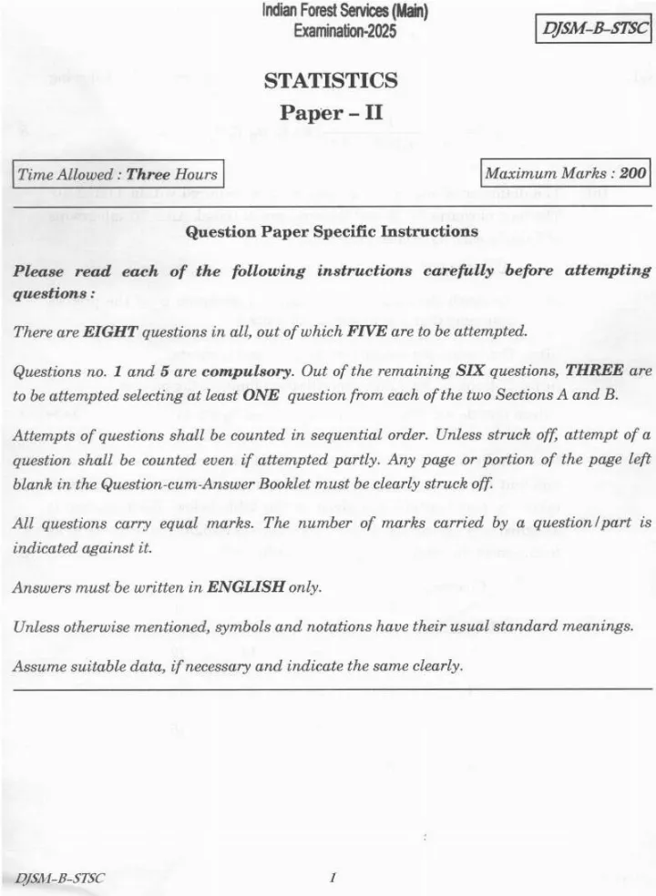 Indian Forest Service (Main) Examination 2025 Statistics Paper II question paper page 1 instructions scan PDF download