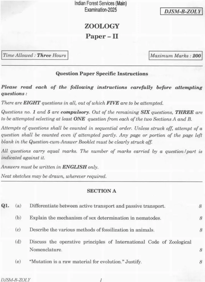 Indian Forest Service (Main) 2025 Zoology Paper II question paper page 1 instructions scan PDF download