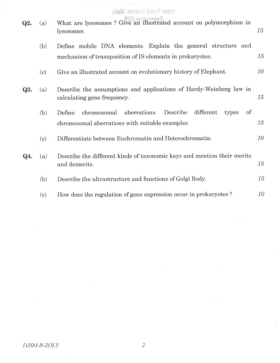 Indian Forest Service (Main) 2025 Zoology Paper II question paper page 1 instructions scan PDF download