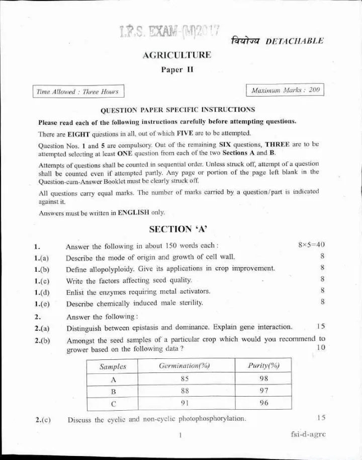 Indian Forest Service Main 2017 Agriculture Paper II question paper page 1 instructions scan PDF download UPSC IFS
