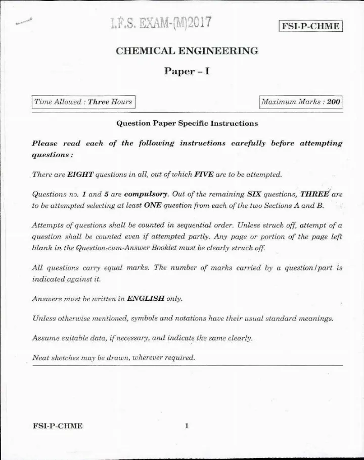 Indian Forest Service 2017 Chemical Engineering Paper I page 1 instructions scan PDF download UPSC IFS Main Exam