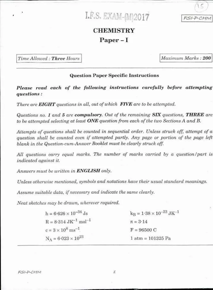 Indian Forest Service 2017 Chemistry Paper I question paper page 1 instructions scan PDF download