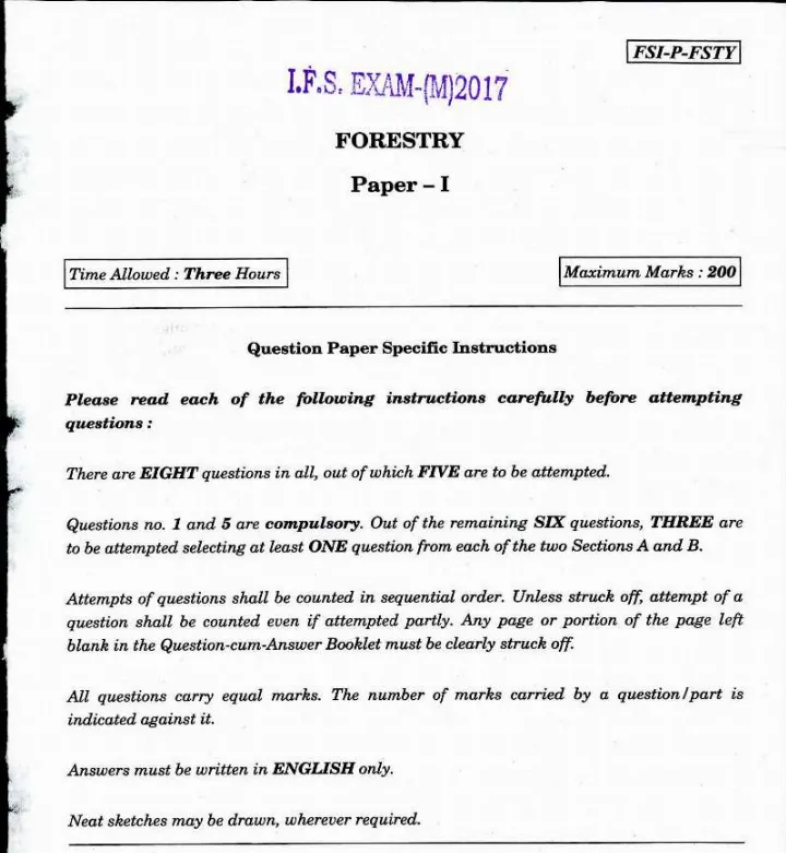 Indian Forest Service Main Examination 2017 Forestry Paper I question paper page 1 instructions and header scan PDF download