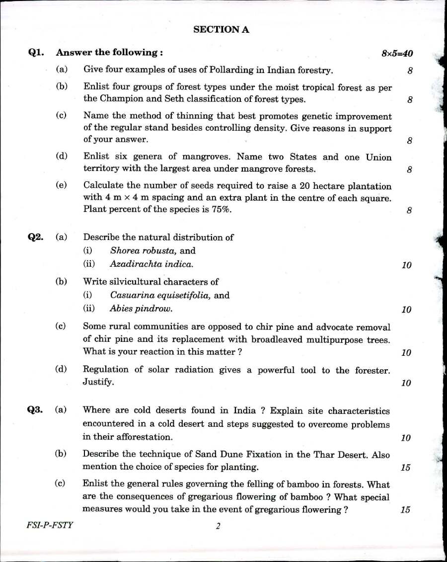Indian Forest Service Main Examination 2017 Forestry Paper I question paper page 1 instructions and header scan PDF download