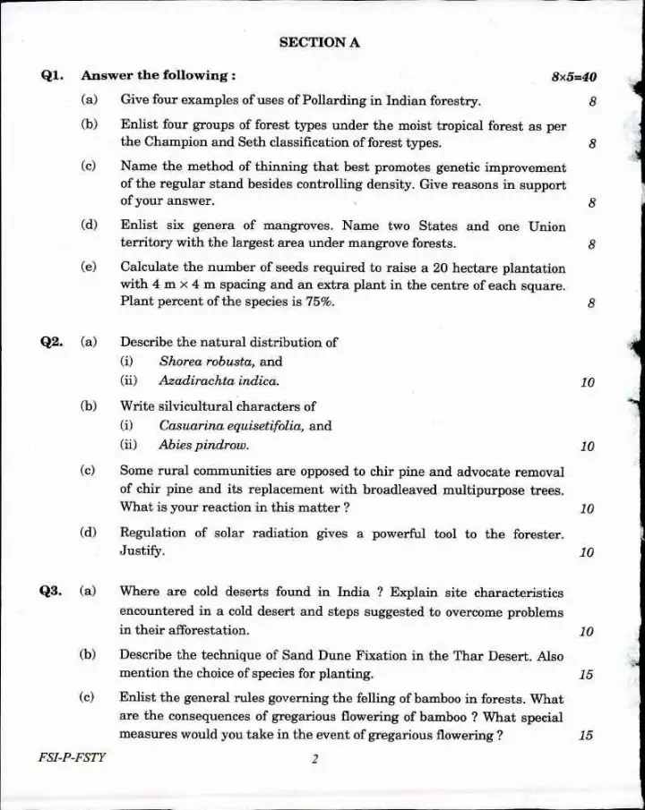 Indian Forest Service Main Examination 2017 Forestry Paper I question paper page 1 instructions and header scan PDF download