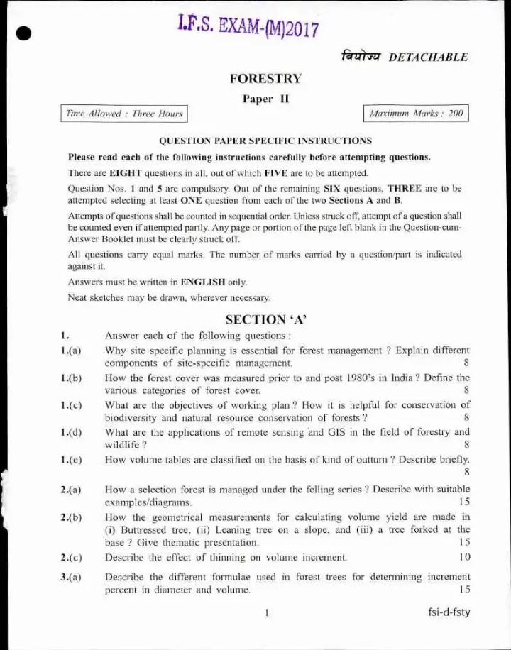 Indian Forest Service (Main) Examination 2017 Forestry Paper II question paper page 1 instructions scan PDF download
