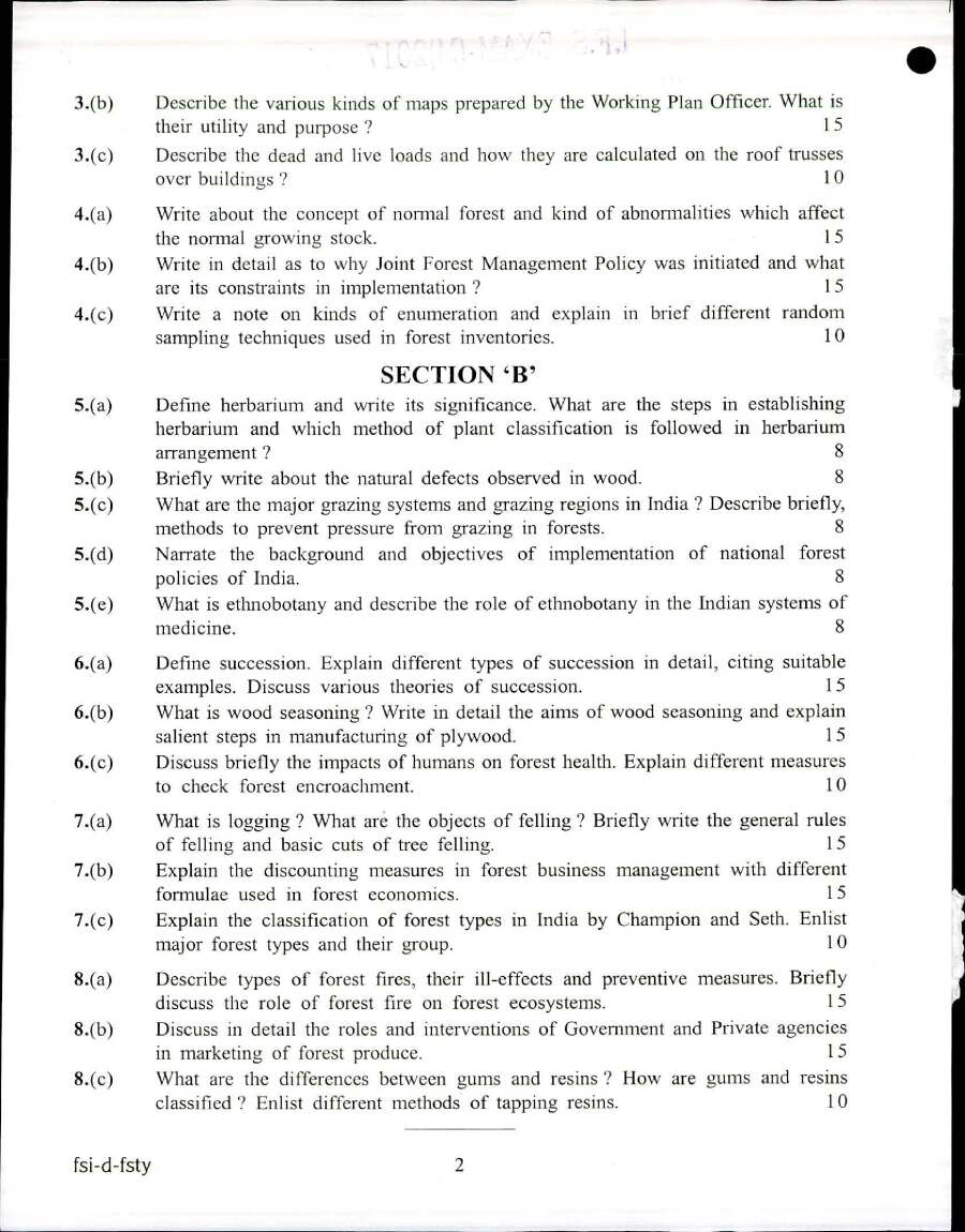 Indian Forest Service (Main) Examination 2017 Forestry Paper II question paper page 1 instructions scan PDF download