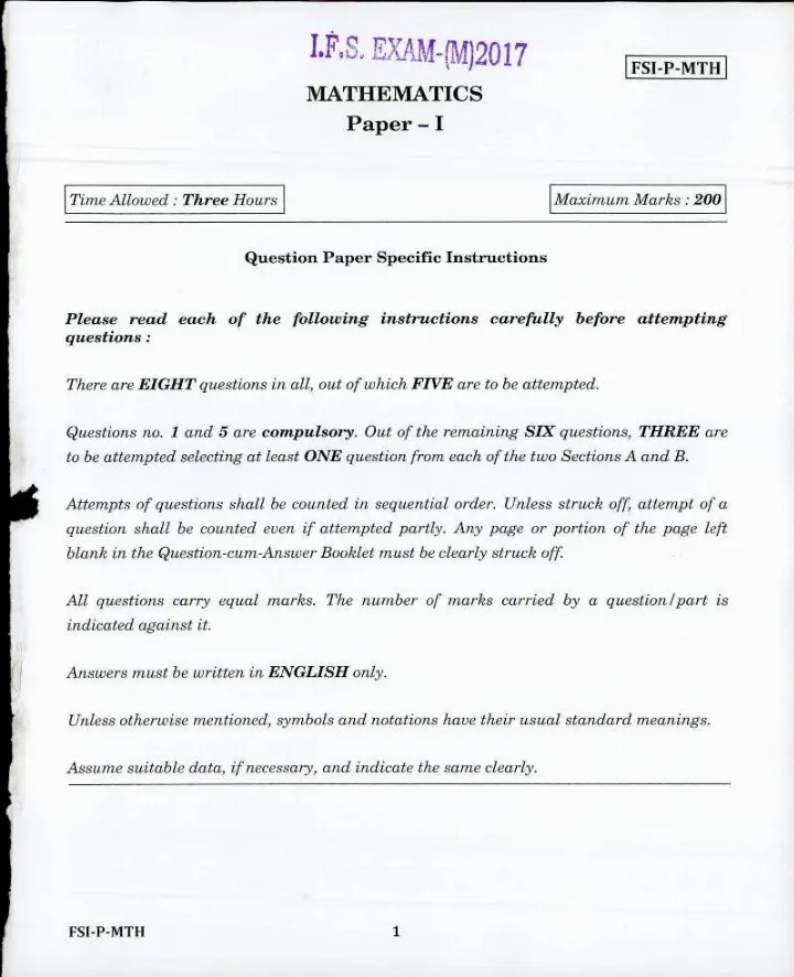 Indian Forest Service Main 2017 Mathematics Paper I question paper page 1 instructions scan PDF download. Includes exam name, paper code, time, marks, and specific instructions for candidates.