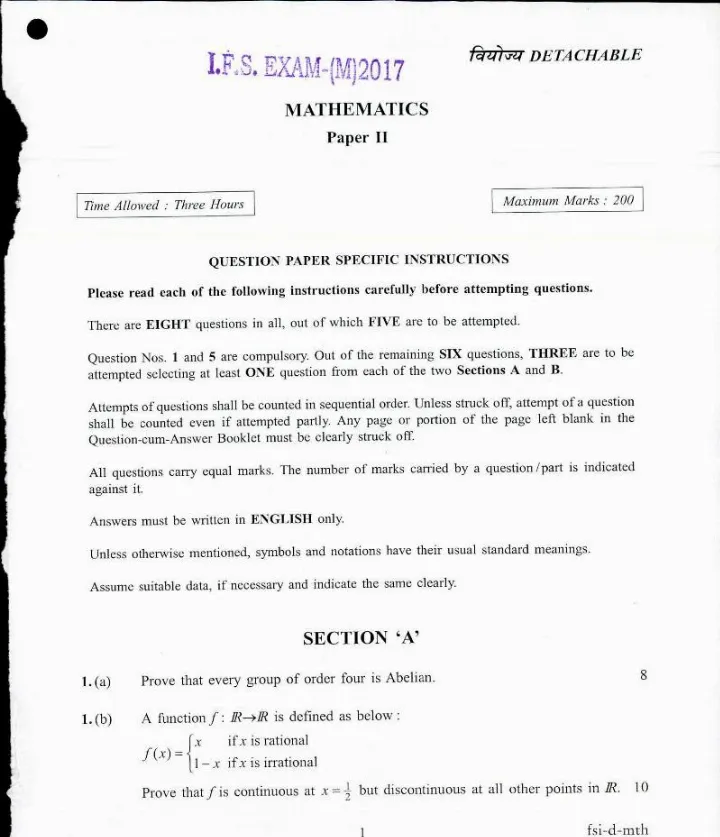 Indian Forest Service (Main) 2017 Mathematics Paper II question paper page 1 instructions scan PDF download UPSC