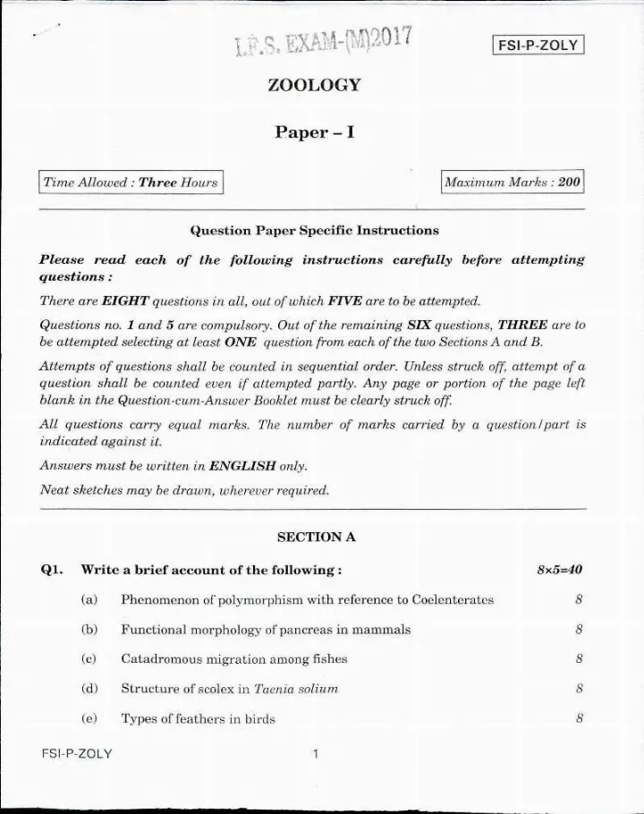 Indian Forest Service 2017 Main Exam Zoology Paper I question paper page 1 instructions scan PDF download