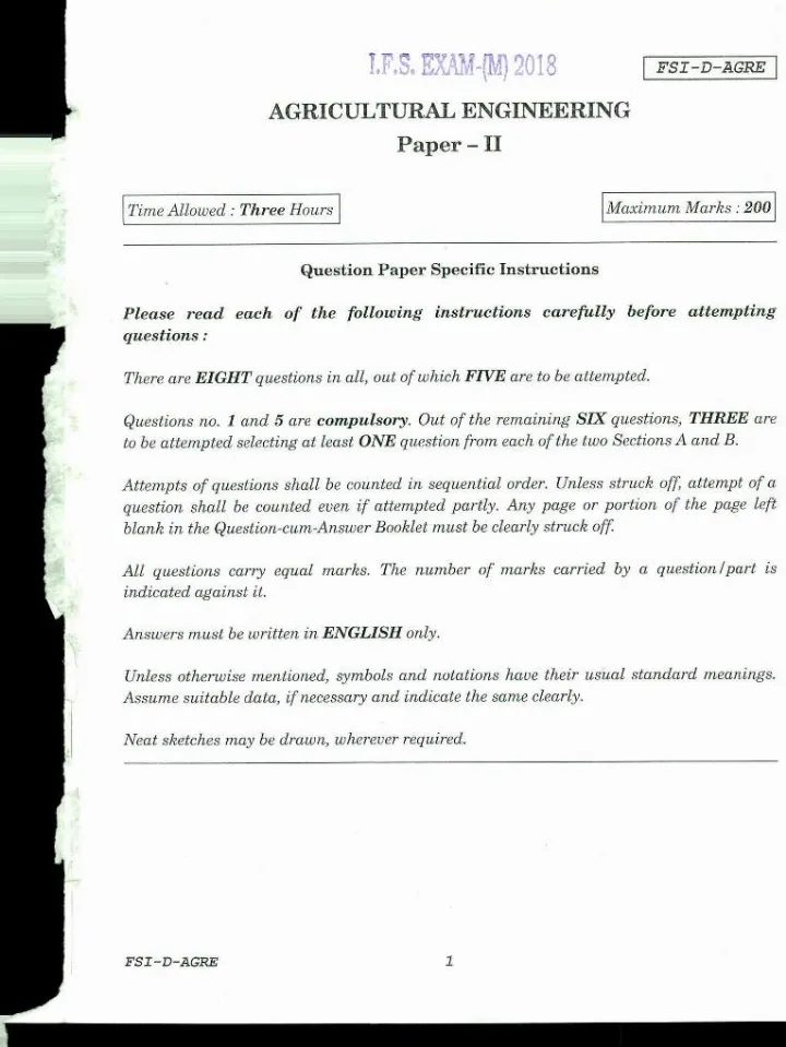 Indian Forest Service Main Examination 2018 Agricultural Engineering Paper II page 1 instructions scan PDF download UPSC IFS previous year paper