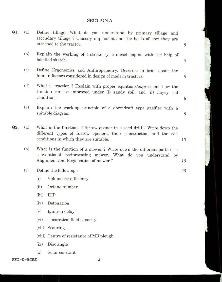 Indian Forest Service Main Examination 2018 Agricultural Engineering Paper II page 1 instructions scan PDF download UPSC IFS previous year paper