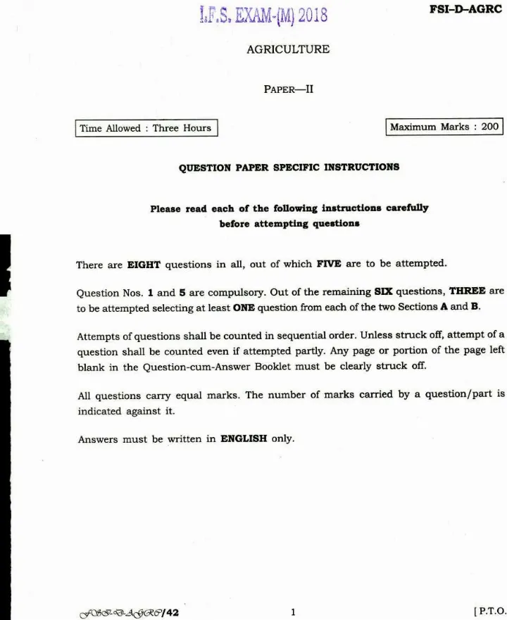 Indian Forest Service 2018 Agriculture Paper II question paper page 1 instructions scan PDF download UPSC