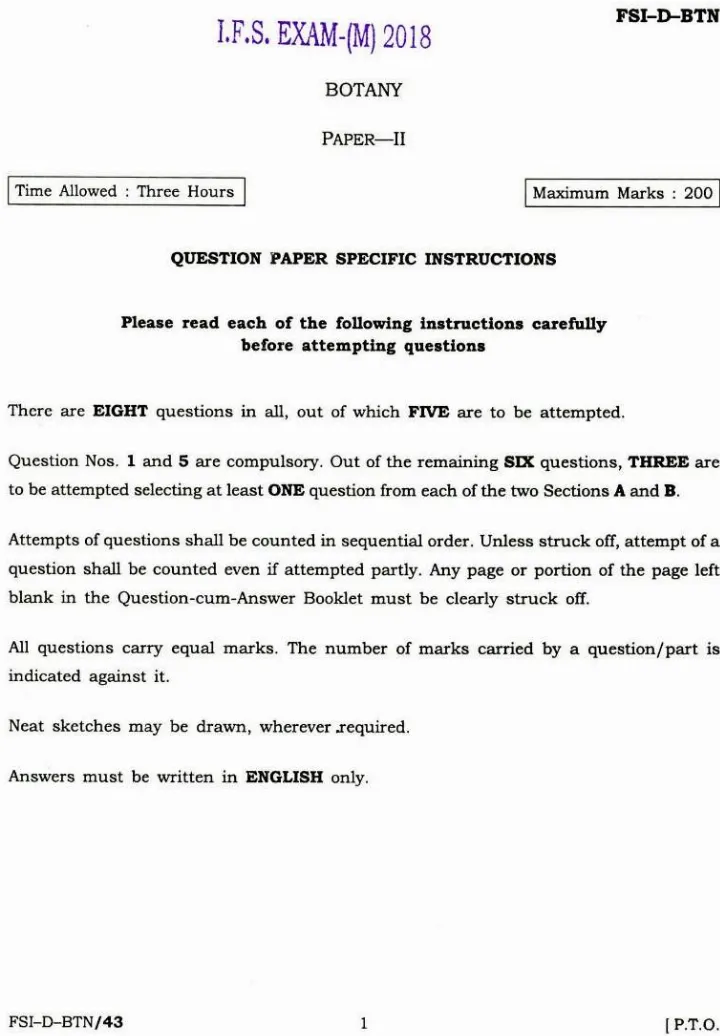Indian Forest Service Main 2018 Botany Paper II question paper page 1 instructions scan PDF download
