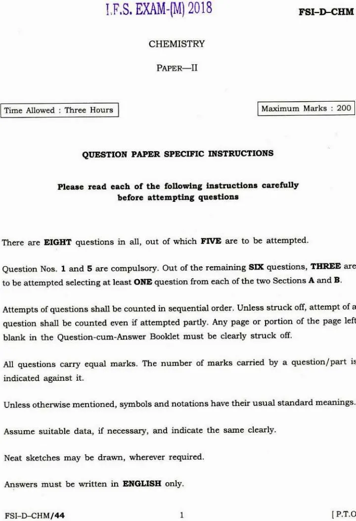 Indian Forest Service Main 2018 Chemistry Paper II question paper page 1 scan PDF download. UPSC IFS exam header and instructions.