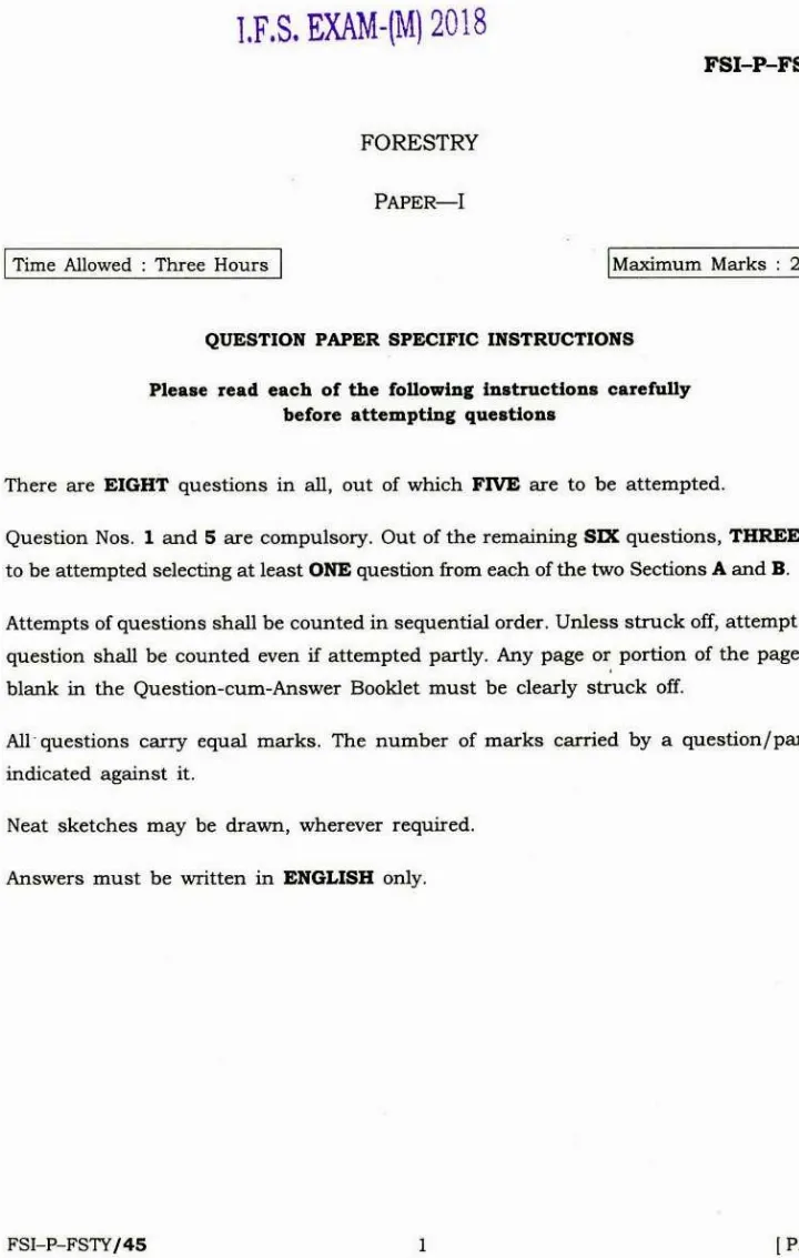 Indian Forest Service (Main) 2018 Forestry Paper-I question paper page 1 instructions scan PDF download