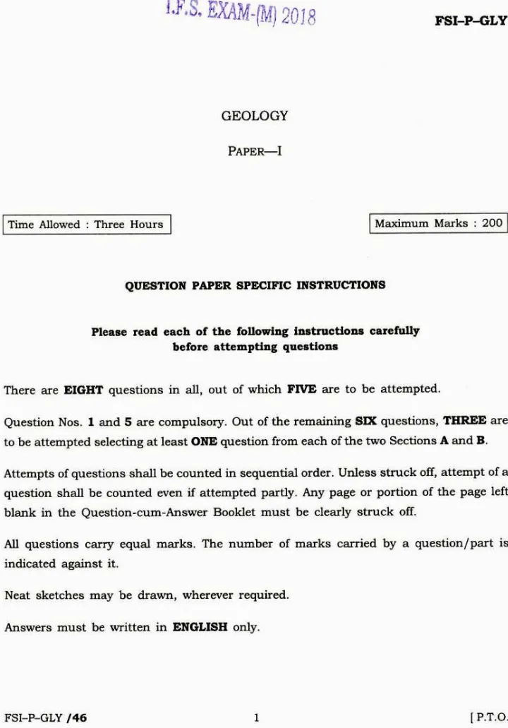 Indian Forest Service Main Examination 2018 Geology Paper-I page 1 scan, showing UPSC exam details, paper code FSI-P-GLY, maximum marks, time allowed, and specific instructions. PDF download available.
