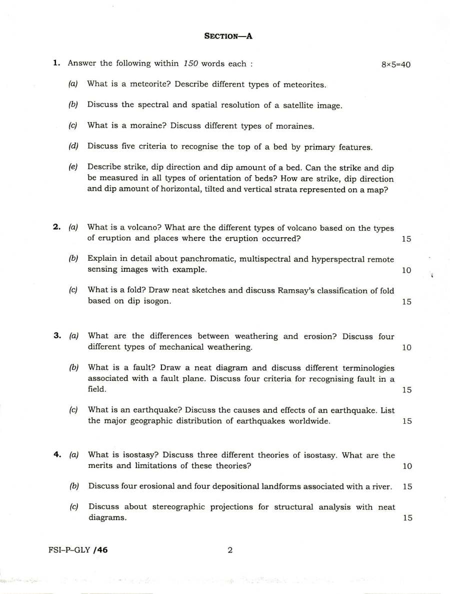 Indian Forest Service Main Examination 2018 Geology Paper-I page 1 scan, showing UPSC exam details, paper code FSI-P-GLY, maximum marks, time allowed, and specific instructions. PDF download available.
