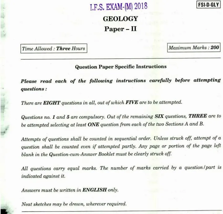 Indian Forest Service Main Examination 2018 Geology Paper II question paper page 1 instructions and header scan PDF download