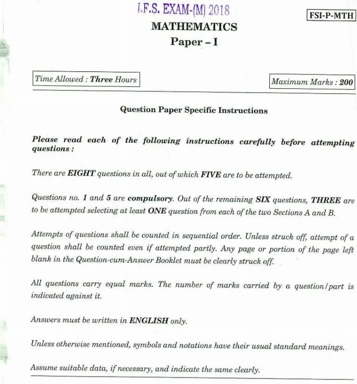 Indian Forest Service Main 2018 Mathematics Paper I question paper page 1 instructions and header scan PDF download UPSC