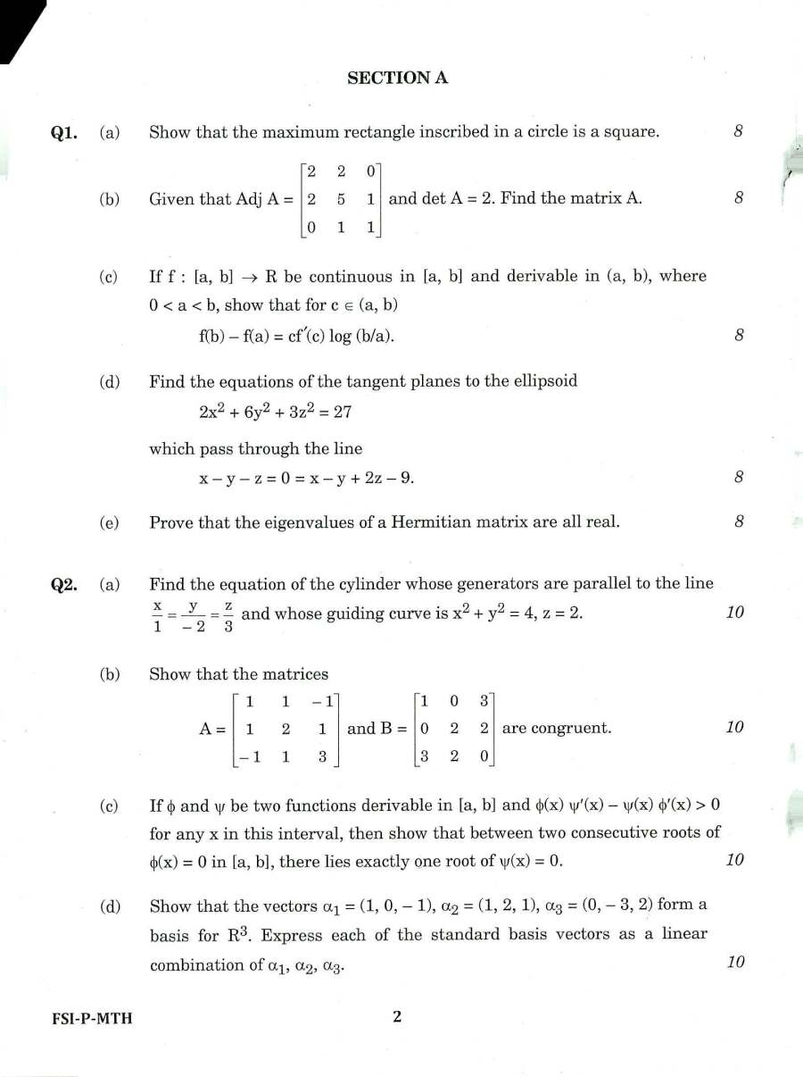 Indian Forest Service Main 2018 Mathematics Paper I question paper page 1 instructions and header scan PDF download UPSC