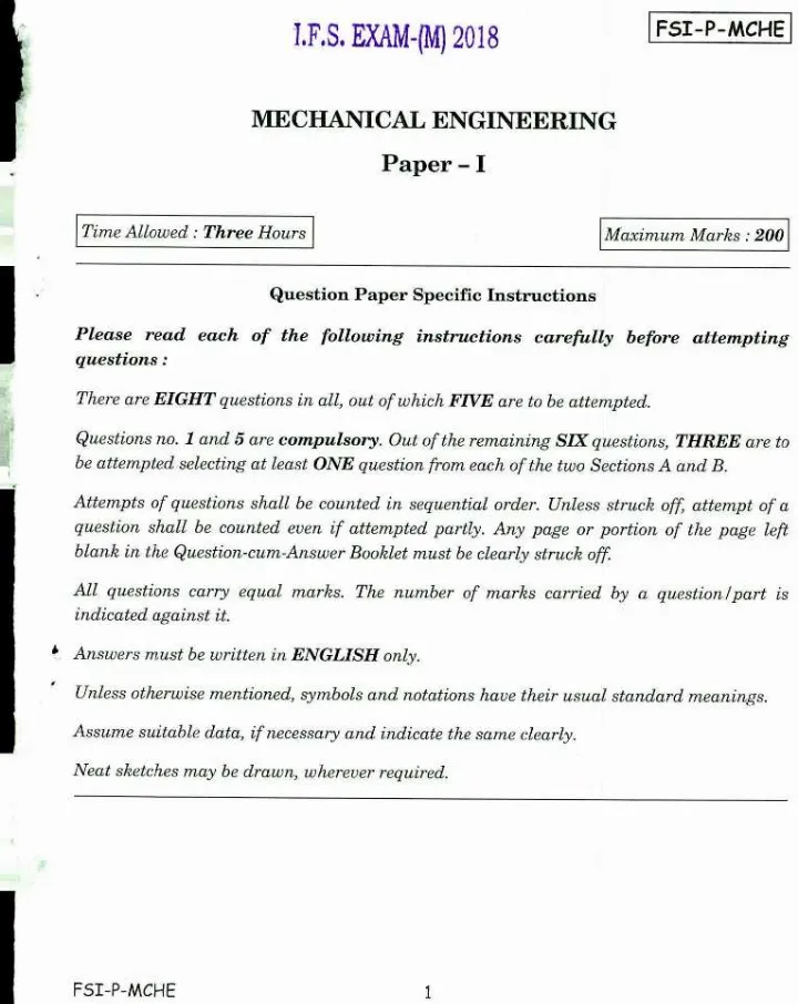 Indian Forest Service Main 2018 Mechanical Engineering Paper I question paper page 1 instructions and header scan PDF download