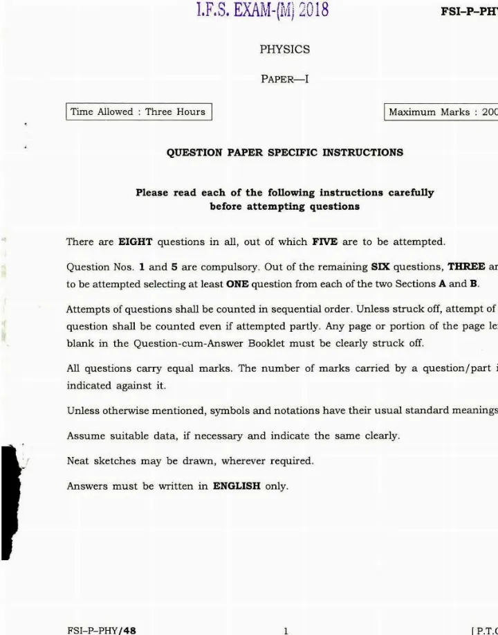Indian Forest Service (Main) Examination 2018 Physics Paper-I question paper page 1 instructions scan PDF download UPSC