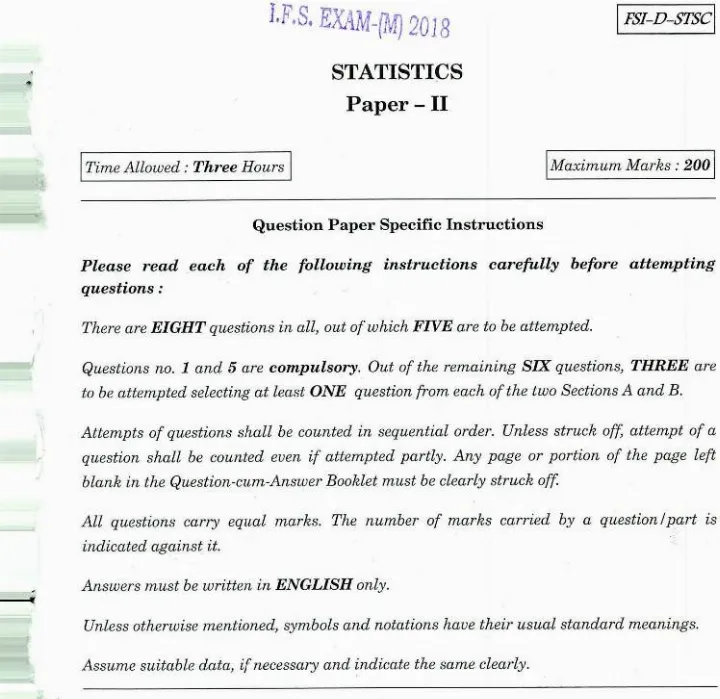 Indian Forest Service Main Examination 2018 Statistics Paper II question paper page 1 scan PDF download showing instructions and header.