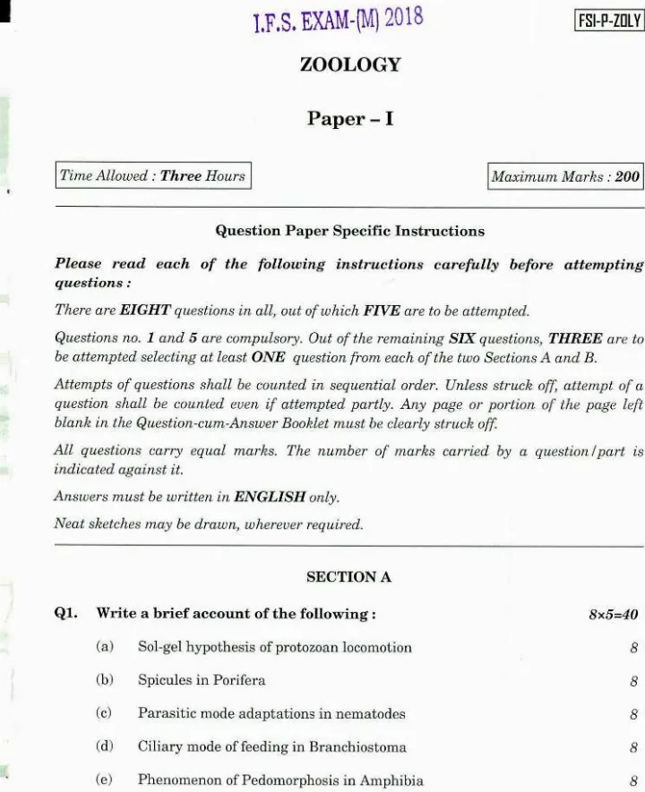 Indian Forest Service Main 2018 Zoology Paper I question paper page 1 scan PDF download. UPSC IFS 2018 Zoology Paper I exam instructions and header.