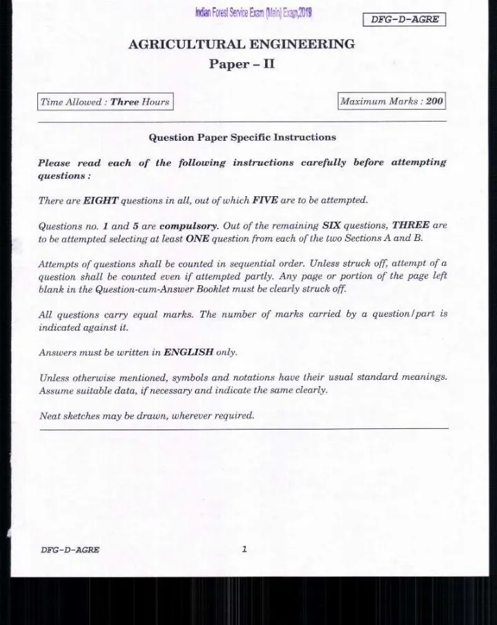 Indian Forest Service Main Examination 2019 Agricultural Engineering Paper II page 1 instructions scan PDF download UPSC