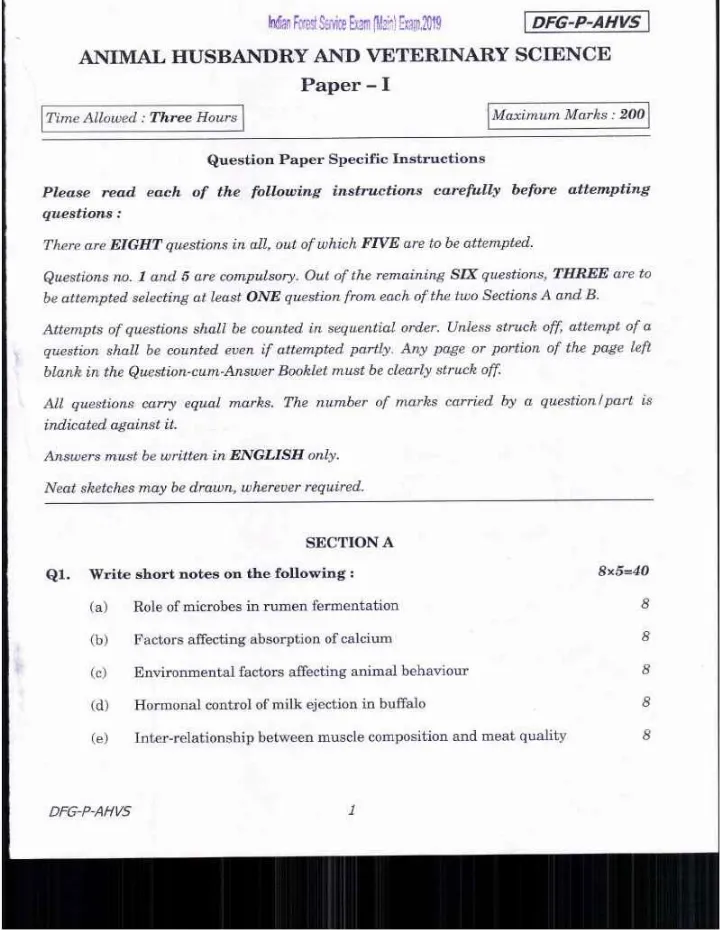 Indian Forest Service (Main) Examination 2019 Animal Husbandry and Veterinary Science Paper-II page 1 instructions scan PDF download