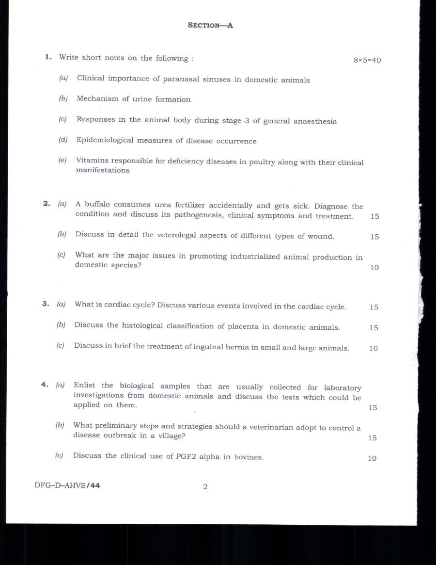Indian Forest Service (Main) Examination 2019 Animal Husbandry and Veterinary Science Paper-II page 1 instructions scan PDF download