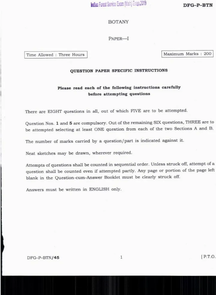 Indian Forest Service (Main) Examination 2019 Botany Paper I question paper page 1 instructions scan PDF download
