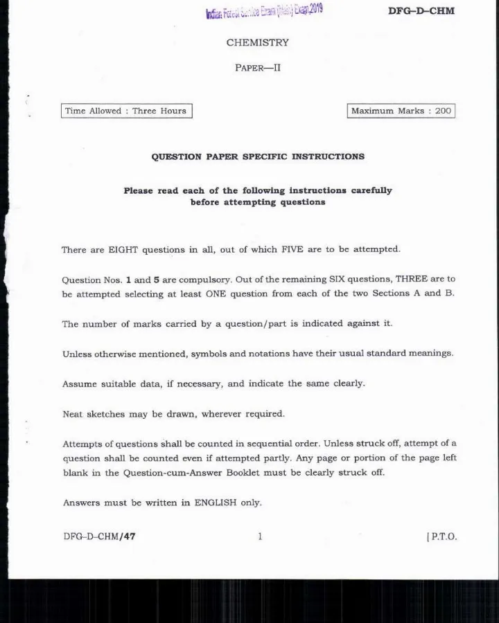 Indian Forest Service (Main) Examination 2019 Chemistry Paper II question paper page 1 instructions scan PDF download UPSC