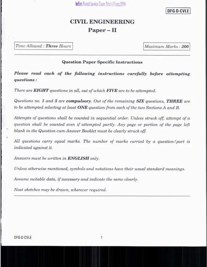 Indian Forest Service Main Examination 2019 Civil Engineering Paper II question paper page 1 instructions scan PDF download